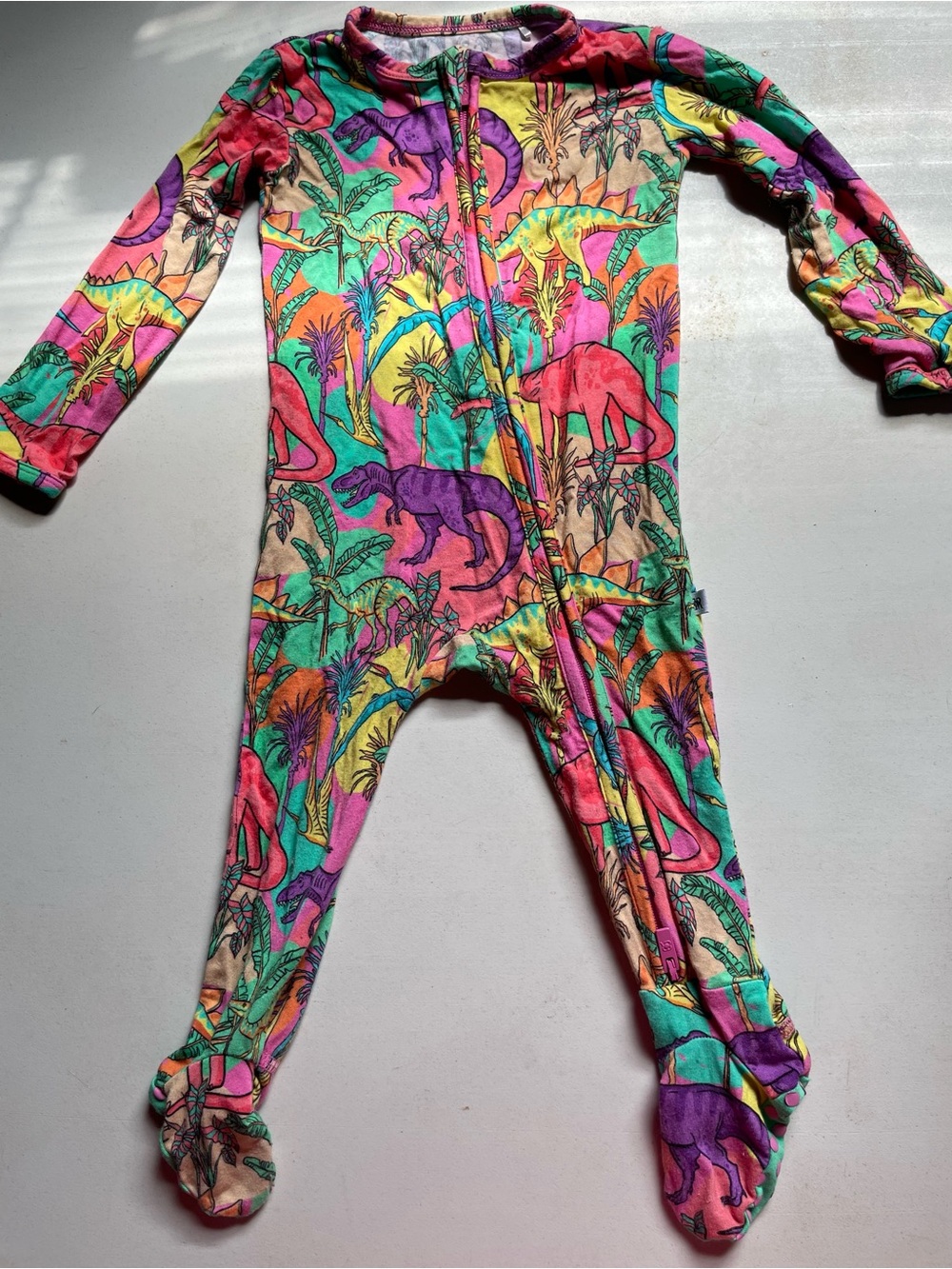 Kids Zip-Up Footed Pajamas in Bright Multi Dinosaur Print